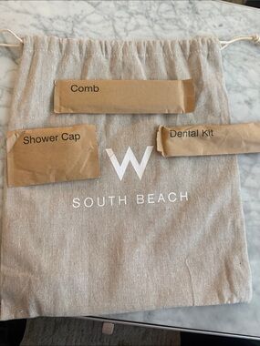NEW W South Beach Hotel Amenity Kit Linen Drawstring Bag Dental Comb Shower Cap